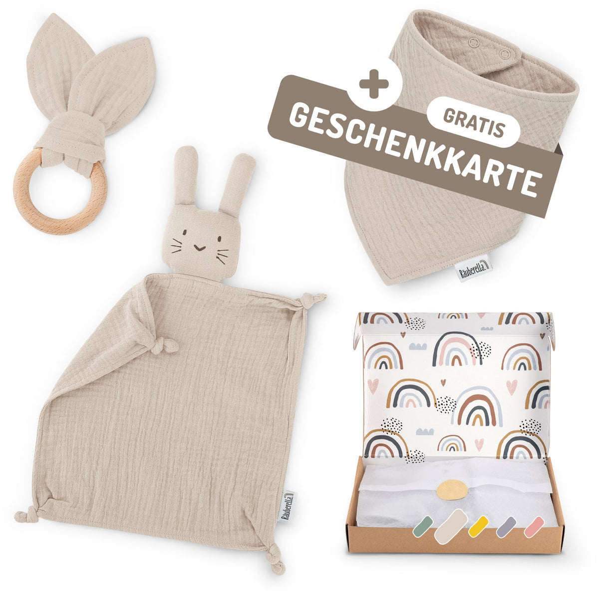 Baby Geschenkset Beige – Schmusetuch Hase, Holz-Beißring & Halstuch aus Musselin