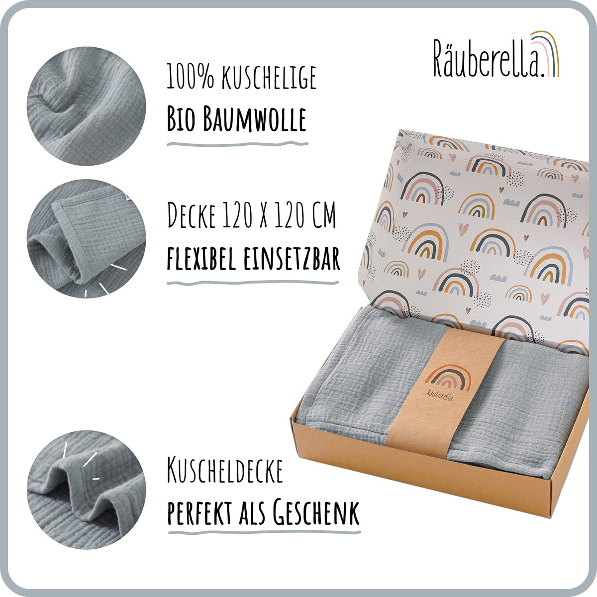 Musselin Babydecke 120x120 cm – Baumwolle, weich & atmungsaktiv Grau-Blau