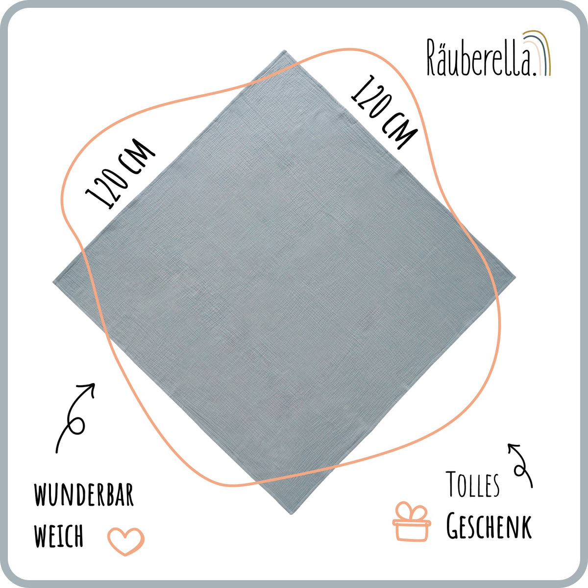 Musselin Babydecke 120x120 cm – Baumwolle, weich & atmungsaktiv Grau-Blau