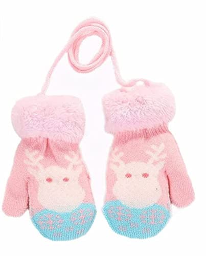 Kids Winter Gloves Mittens Baby Cartoon Mitten Neck Gloves Thick Double Knitted Glove with Plush,0 - 3 years old, Playing, Running, Skiing