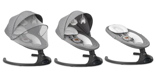 MoMi KENANI baby bouncer for children up to 9 kg, foldable, with remote control &amp; Bluetooth for connecting to a smartphone, battery or power connection, with 5-point safety belt, sun protection, insect net 