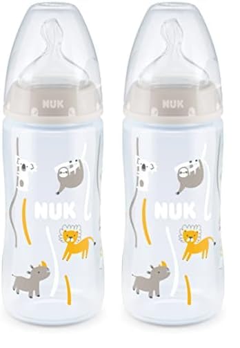 NUK First Choice+ Baby Bottle | 6-18 Months | Temperature Control | Flow Control | Anti-Colic Valve | 300ml | BPA Free | Silicone Teat | Safari (Neutral) (Pack of 2)