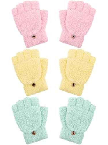 Geyoga 3er Pack Fingerlose Handschuhe mit Klappe Damen Winter Halbfinger Fäustlinge Handschuhe für Kinder