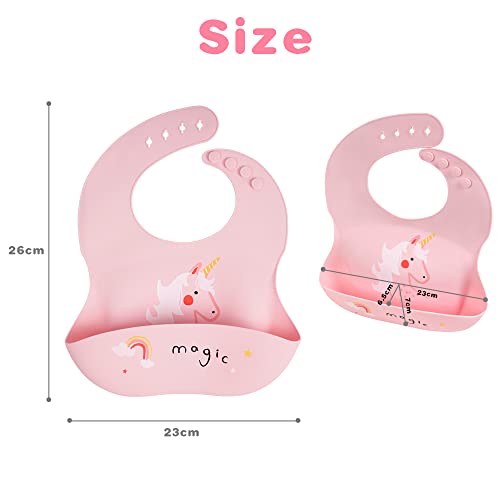 Vicloon Silikon Baby Lätzchen, 2 Stück Baby Lätzchen mit Auffangschale, BPA Frei, Einfache Reinigung, Wasserdicht Silikon-lätzchen für Jungen Mädchen, Kaninchen-Einhorn（Rosa）