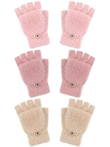 Geyoga 3er Pack Fingerlose Handschuhe mit Klappe Damen Winter Halbfinger Fäustlinge Handschuhe für Kinder