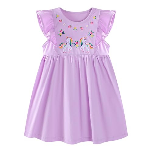 JinBei Mädchen Kleid Baumwolle Rundhals Rüschen Ärmellos Lässige Einhorn Cartoon-Applikationen Blau/Weiße Gestreift Kleidung Kinder Sommer Party Festliches Prinzessin A-Linie Kleider Gr. 98-128