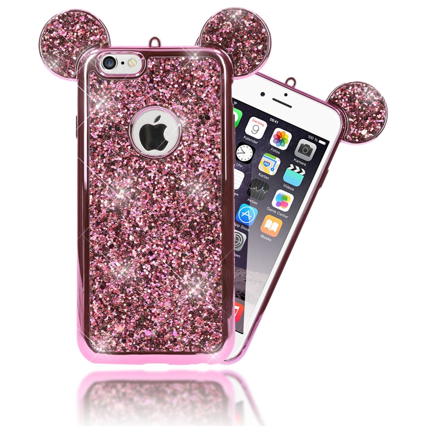 NALIA Handyhülle kompatibel mit iPhone 6 6S, Glitzer Slim Back-Cover Case mit Maus Ohren, Glitter Silikon Hülle Schutzhülle Dünn, Strass Bling Etui Handy-Tasche Smart-Phone Bumper