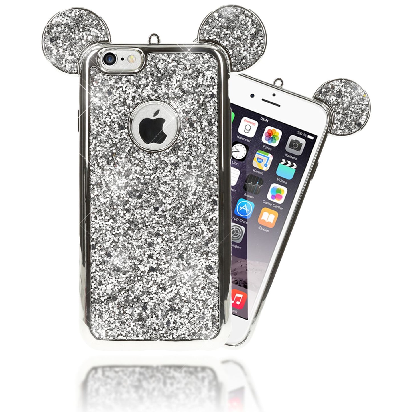 NALIA Handyhülle kompatibel mit iPhone 6 6S, Glitzer Slim Back-Cover Case mit Maus Ohren, Glitter Silikon Hülle Schutzhülle Dünn, Strass Bling Etui Handy-Tasche Smart-Phone Bumper