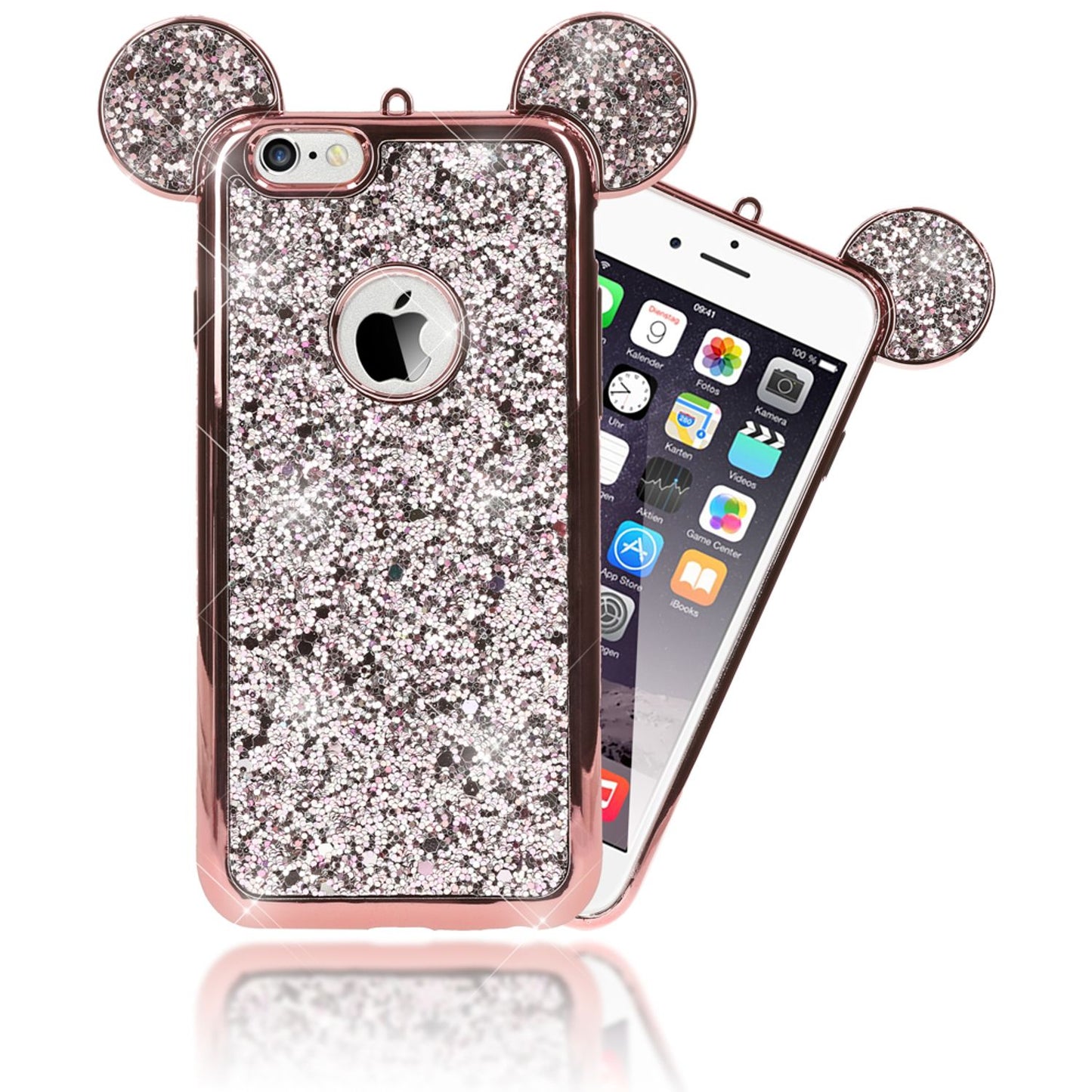 NALIA Handyhülle kompatibel mit iPhone 6 6S, Glitzer Slim Back-Cover Case mit Maus Ohren, Glitter Silikon Hülle Schutzhülle Dünn, Strass Bling Etui Handy-Tasche Smart-Phone Bumper