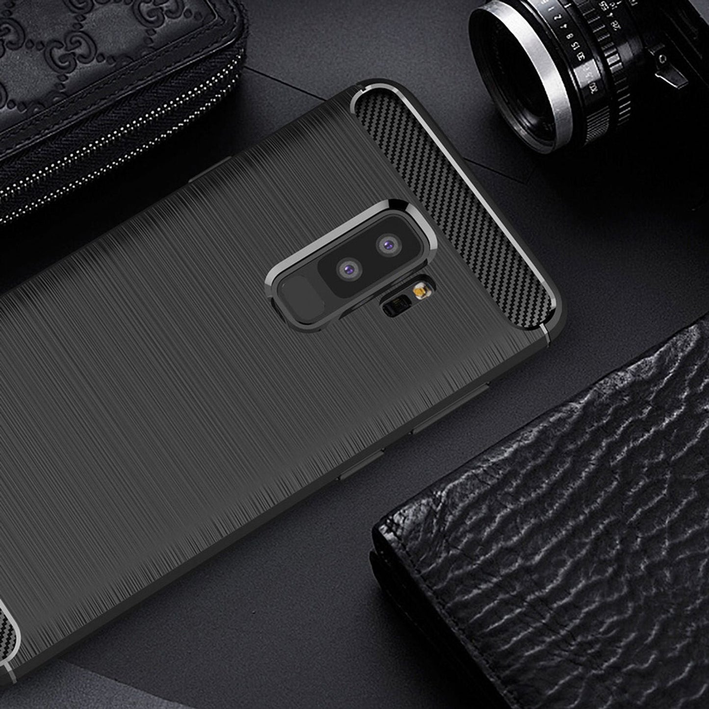 NALIA Silikonhülle für Samsung Galaxy S9 Plus – Rutschfest & Matt – VORTEX (Gebürstete Optik & Carbon Design) – Marke aus Berlin