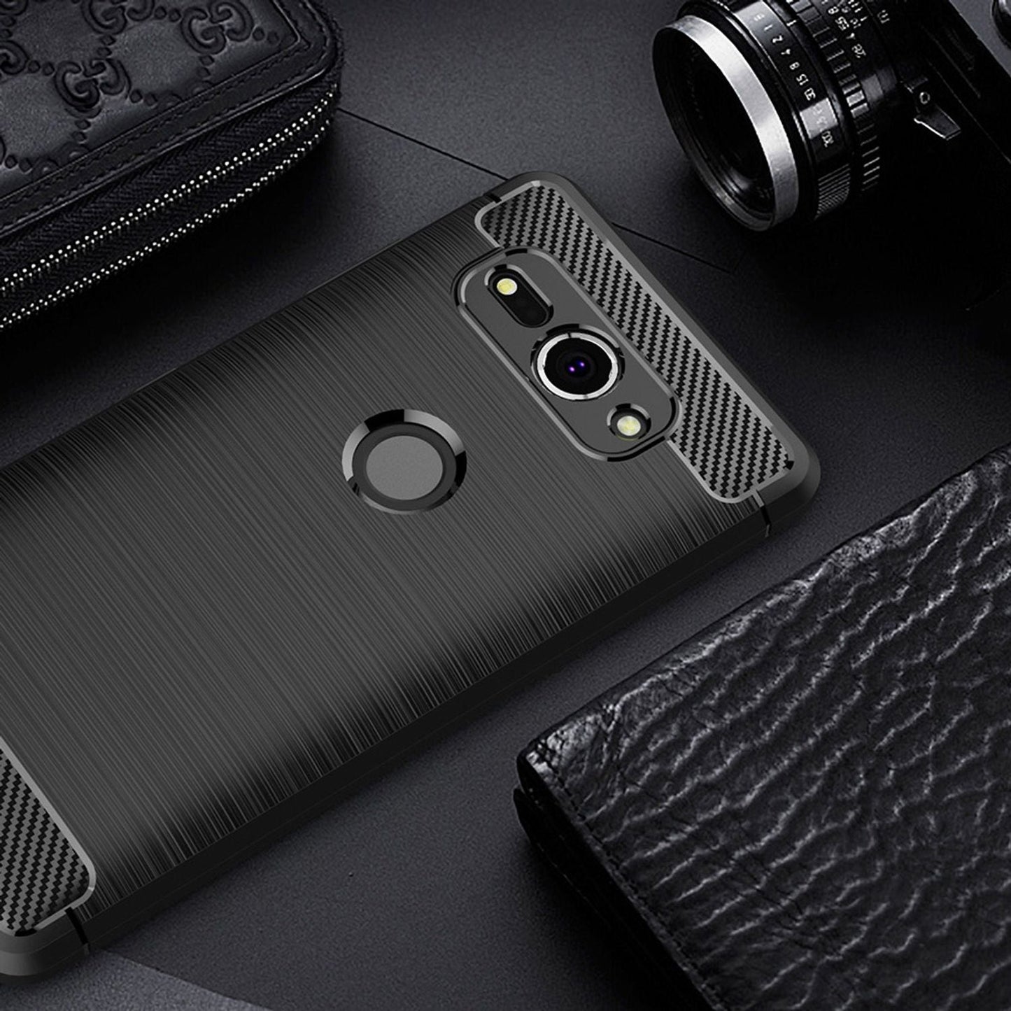 NALIA Silikonhülle für Sony Xperia XZ2 Compact – Rutschfest & Matt – VORTEX (Gebürstete Optik & Carbon Design) – Marke aus Berlin