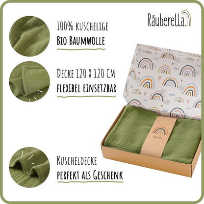 Musselin Babydecke 120x120 cm aus Baumwolle Olivgrün