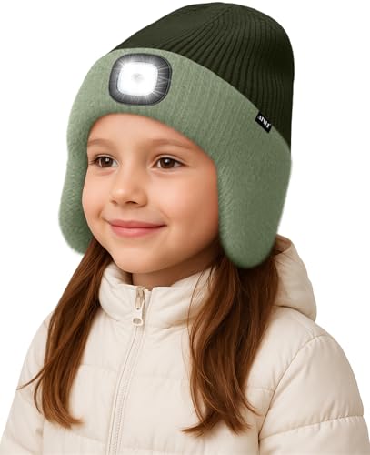 ATNKE Kinder LED Beleuchtete Ohrenklappen Mütze mit Licht,USB Wiederaufladbare 4 LED Laufmütze Stirnlampe Winter Warm Fleece Gefüttert Strick Mütze Geschenke für Jungen und Mädchen