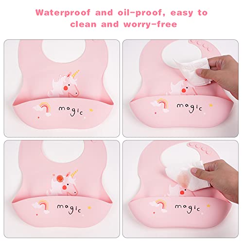 Vicloon Silikon Baby Lätzchen, 2 Stück Baby Lätzchen mit Auffangschale, BPA Frei, Einfache Reinigung, Wasserdicht Silikon-lätzchen für Jungen Mädchen, Kaninchen-Einhorn（Rosa）