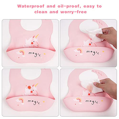 Vicloon Silikon Baby Lätzchen, 2 Stück Baby Lätzchen mit Auffangschale, BPA Frei, Einfache Reinigung, Wasserdicht Silikon-lätzchen für Jungen Mädchen, Kaninchen-Einhorn（Rosa）