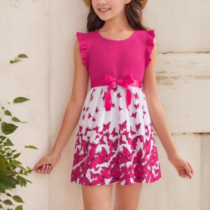 Codkkre Mädchen Kleid Blumen Bowknot Kinder Kleider Rüschenärmel A-Linie Mädchen Kleid Sommer Ostern Mädchen Kleid Rundhals 104 110 116 122 128