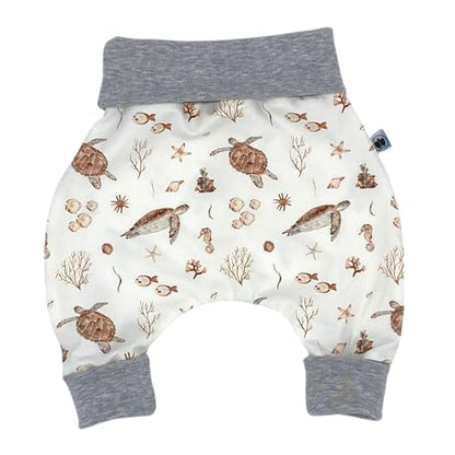 Handmade Baby Baggy Trousers, Handmade Cotton Jersey Grows with Your Gown, Sizes 50-74, 68-86, 92-104, Fairly Produced in Germany (Sea Creatures, 50-74)
