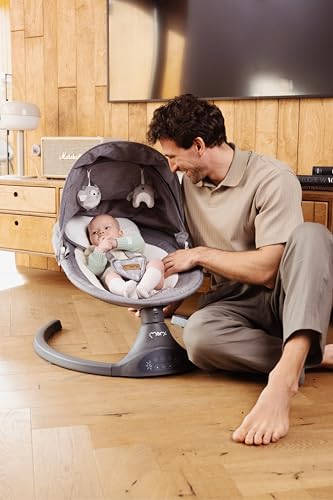 MoMi KENANI baby bouncer for children up to 9 kg, foldable, with remote control &amp; Bluetooth for connecting to a smartphone, battery or power connection, with 5-point safety belt, sun protection, insect net 