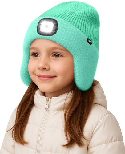 ATNKE Kinder LED Beleuchtete Ohrenklappen Mütze mit Licht,USB Wiederaufladbare 4 LED Laufmütze Stirnlampe Winter Warm Fleece Gefüttert Strick Mütze Geschenke für Jungen und Mädchen