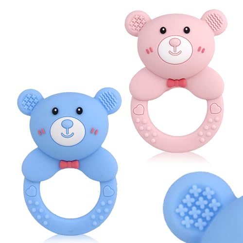 ABirdon Beißring Baby, 2 Stück Silikon Beißring mit Rassel, BPA-frei, Sensorisches Spielzeug für Babys 0-3 Jahre, Molar Beißring für Zahnfleisch