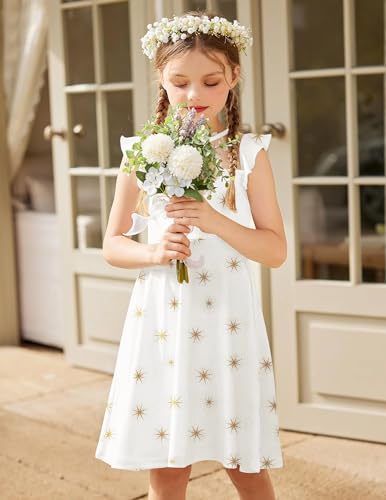 Arshiner Girls Dress Summer Dress Ruffle Short Sleeve Mesh A Line Casual Party Dresses with Pockets Kids Dresses for 6-13 Years 