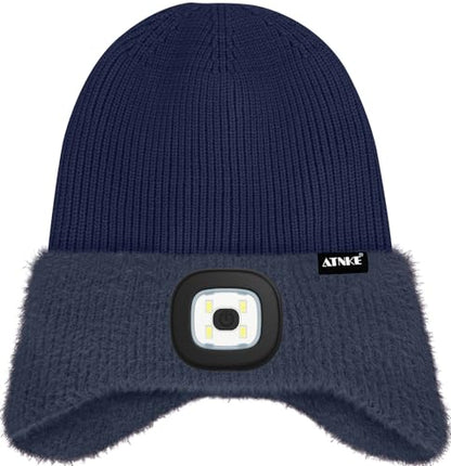 ATNKE Kinder LED Beleuchtete Ohrenklappen Mütze mit Licht,USB Wiederaufladbare 4 LED Laufmütze Stirnlampe Winter Warm Fleece Gefüttert Strick Mütze Geschenke für Jungen und Mädchen