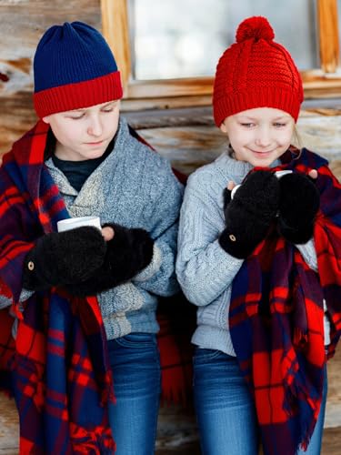 Geyoga 3er Pack Fingerlose Handschuhe mit Klappe Damen Winter Halbfinger Fäustlinge Handschuhe für Kinder