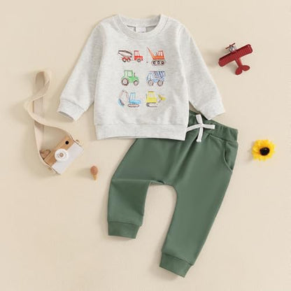 Baby Boys Soft Clothing Sets Toddler Cute Two Piece Outfit Long Sleeve Tractor Print Sweatshirt and Trousers Set Autumn Winter Jogging Suit 