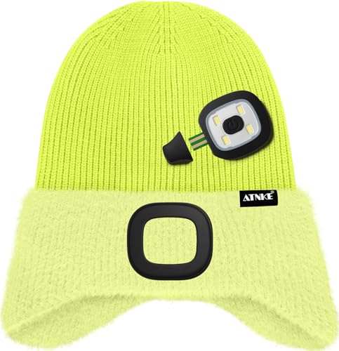 ATNKE Kinder LED Beleuchtete Ohrenklappen Mütze mit Licht,USB Wiederaufladbare 4 LED Laufmütze Stirnlampe Winter Warm Fleece Gefüttert Strick Mütze Geschenke für Jungen und Mädchen