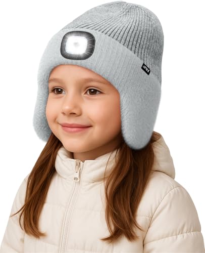 ATNKE Kinder LED Beleuchtete Ohrenklappen Mütze mit Licht,USB Wiederaufladbare 4 LED Laufmütze Stirnlampe Winter Warm Fleece Gefüttert Strick Mütze Geschenke für Jungen und Mädchen