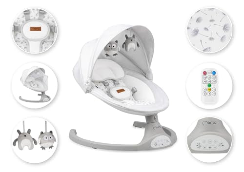 MoMi KENANI baby bouncer for children up to 9 kg, foldable, with remote control &amp; Bluetooth for connecting to a smartphone, battery or power connection, with 5-point safety belt, sun protection, insect net 