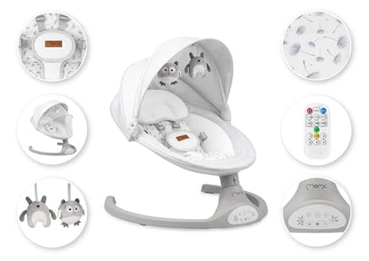 MoMi KENANI baby bouncer for children up to 9 kg, foldable, with remote control &amp; Bluetooth for connecting to a smartphone, battery or power connection, with 5-point safety belt, sun protection, insect net 