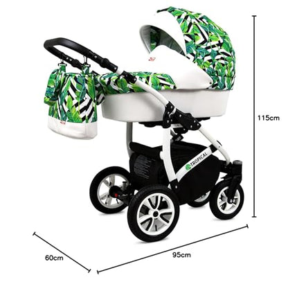 BabyLux® Bambimo Pushchair Set 3 in 1 - Tropical - incl. Baby Carrycot, Buggy Sports Seat, Car Seat - Pram Set - Combination Pram with Changing Bag, Rain Cover etc.
