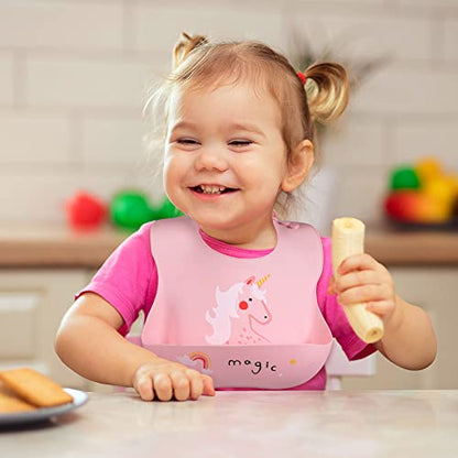 Vicloon Silikon Baby Lätzchen, 2 Stück Baby Lätzchen mit Auffangschale, BPA Frei, Einfache Reinigung, Wasserdicht Silikon-lätzchen für Jungen Mädchen, Kaninchen-Einhorn（Rosa）