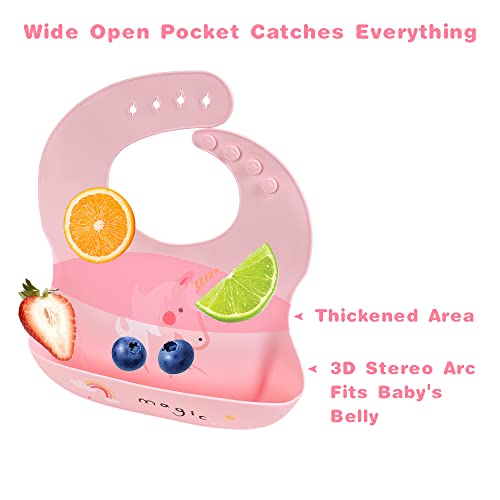 Vicloon Silikon Baby Lätzchen, 2 Stück Baby Lätzchen mit Auffangschale, BPA Frei, Einfache Reinigung, Wasserdicht Silikon-lätzchen für Jungen Mädchen, Kaninchen-Einhorn（Rosa）
