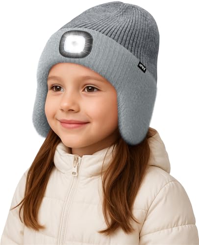 ATNKE Kinder LED Beleuchtete Ohrenklappen Mütze mit Licht,USB Wiederaufladbare 4 LED Laufmütze Stirnlampe Winter Warm Fleece Gefüttert Strick Mütze Geschenke für Jungen und Mädchen