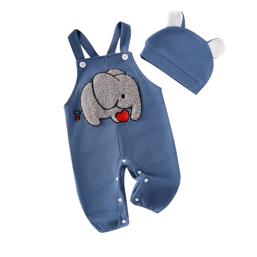 Kleinkind Baby Jungen Outfits Neugeborenes Baby Jungen Kleidung Stickerei Elefant Overalls Latzhose Hosenträger Hosen und Hut Kleinkinder Jungen 2-teiliges Kleidungset