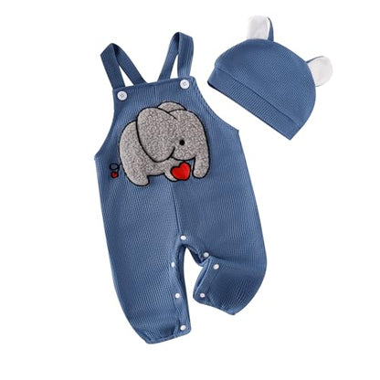 Kleinkind Baby Jungen Outfits Neugeborenes Baby Jungen Kleidung Stickerei Elefant Overalls Latzhose Hosenträger Hosen und Hut Kleinkinder Jungen 2-teiliges Kleidungset