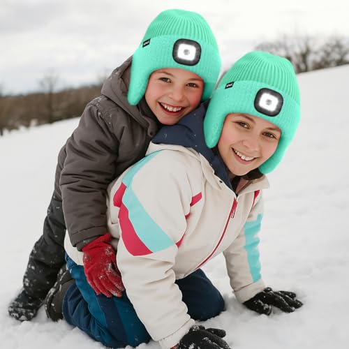 ATNKE Kinder LED Beleuchtete Ohrenklappen Mütze mit Licht,USB Wiederaufladbare 4 LED Laufmütze Stirnlampe Winter Warm Fleece Gefüttert Strick Mütze Geschenke für Jungen und Mädchen