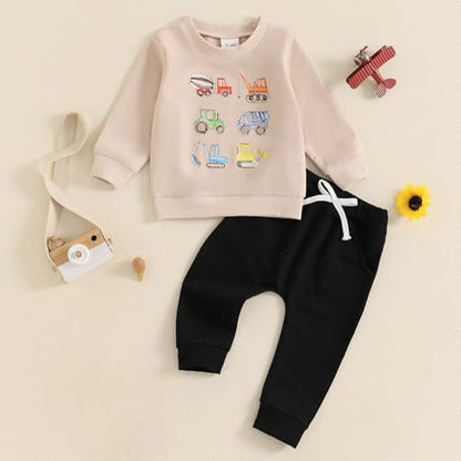 Baby Boys Soft Clothing Sets Toddler Cute Two Piece Outfit Long Sleeve Tractor Print Sweatshirt and Trousers Set Autumn Winter Jogging Suit 