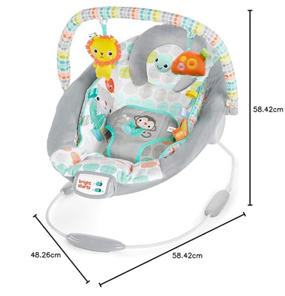 Bright Starts, Babywippe Babyschaukel mit beruhigenden Vibrationen, Babysitz, Musik, abnehmbarer Spielbügel, 0-6 Monate, bis zu 20 lbs (Whimsical Wild)