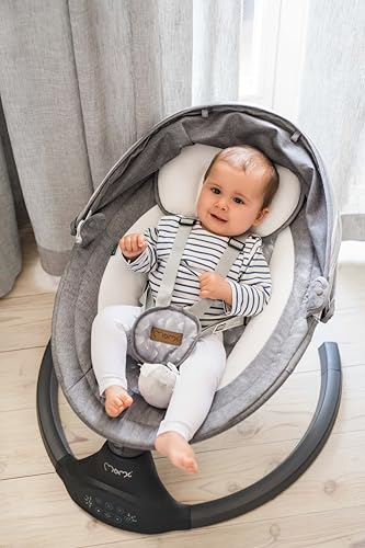 MoMi KENANI baby bouncer for children up to 9 kg, foldable, with remote control &amp; Bluetooth for connecting to a smartphone, battery or power connection, with 5-point safety belt, sun protection, insect net 