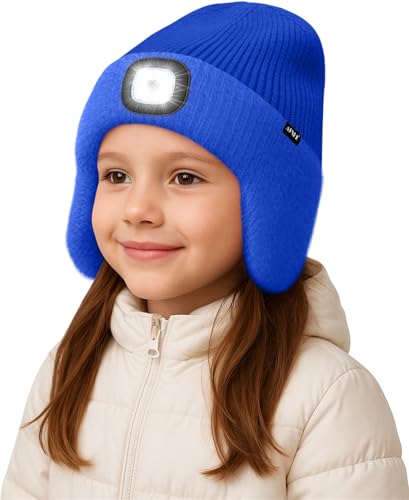 ATNKE Kinder LED Beleuchtete Ohrenklappen Mütze mit Licht,USB Wiederaufladbare 4 LED Laufmütze Stirnlampe Winter Warm Fleece Gefüttert Strick Mütze Geschenke für Jungen und Mädchen