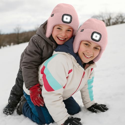 ATNKE Kinder LED Beleuchtete Ohrenklappen Mütze mit Licht,USB Wiederaufladbare 4 LED Laufmütze Stirnlampe Winter Warm Fleece Gefüttert Strick Mütze Geschenke für Jungen und Mädchen