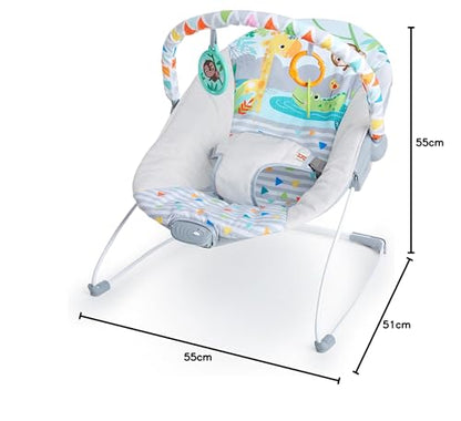 Bright Starts, Babywippe Babyschaukel Safari Fun mit Beruhigenden Vibrationen, Spielbogen mit 2 Spielzeugen, 3-Punkte-Gurt Sitz, Maschinenwaschbares Sitzpolster, ab der Geburt bis 9kg