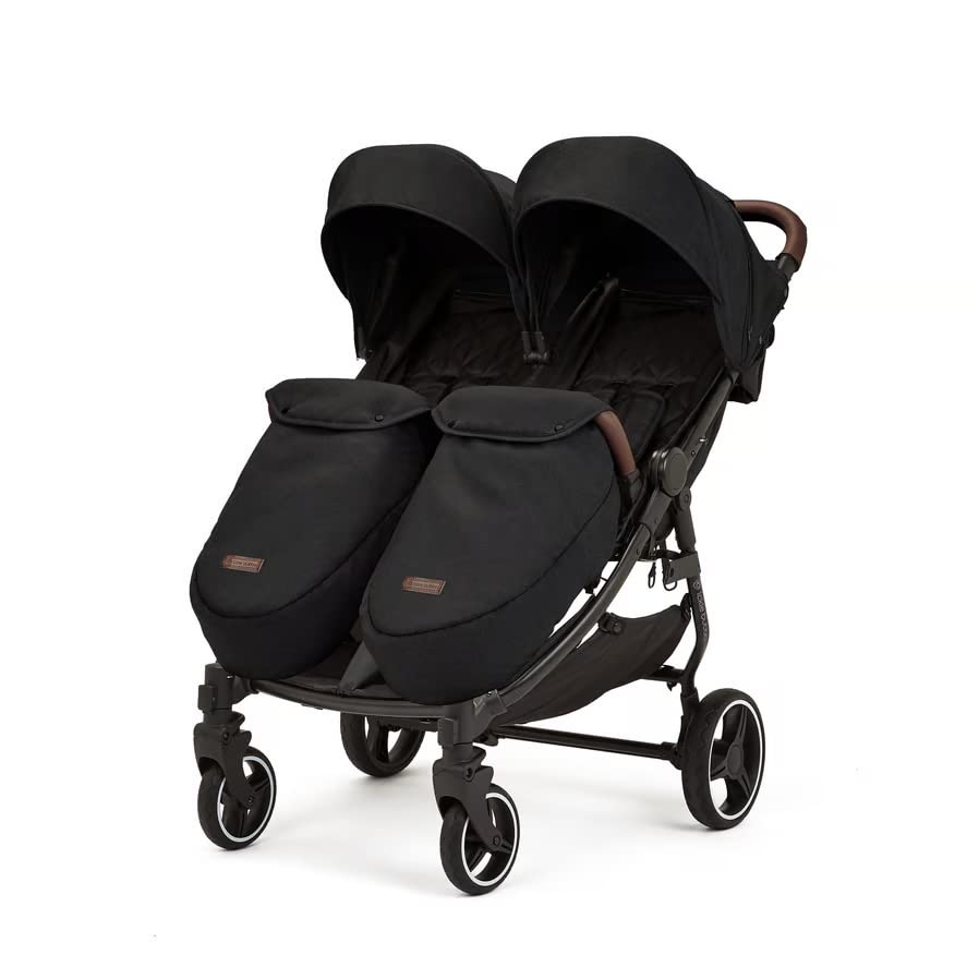Ickle Bubba Venus Prime Doppelkinderwagen - geeignet von Geburt bis 15 kg (ca. 3 Jahre), leichter, faltbarer Zwillingskinderwagen mit Neugeborenenkokon, 2 Fußwärmern und Regenschutz (Schwarz)