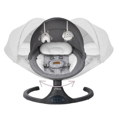 MoMi KENANI baby bouncer for children up to 9 kg, foldable, with remote control &amp; Bluetooth for connecting to a smartphone, battery or power connection, with 5-point safety belt, sun protection, insect net 