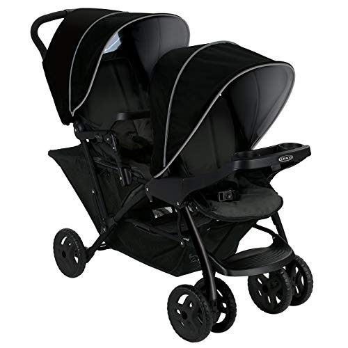 Graco Stadium Duo Geschwisterwagen, Zwillingswagen, 0-15 kg, auch mit Babyschale nutzbar, verstellbare Rückenlehnen, zusammenklappbar, freistehend, großer Staukorb, inkl. Snacktabletts, Titanium