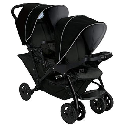 Graco Stadium Duo Geschwisterwagen, Zwillingswagen, 0-15 kg, auch mit Babyschale nutzbar, verstellbare Rückenlehnen, zusammenklappbar, freistehend, großer Staukorb, inkl. Snacktabletts, Titanium