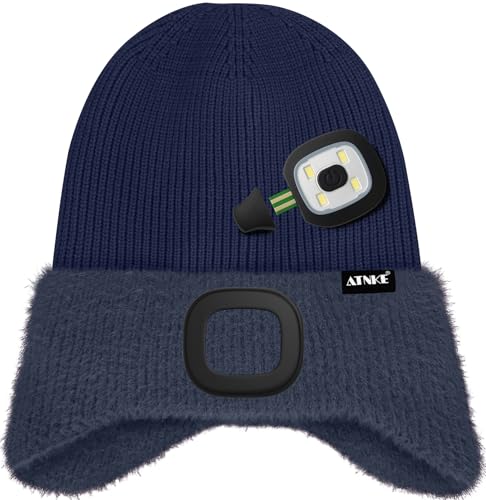 ATNKE Kinder LED Beleuchtete Ohrenklappen Mütze mit Licht,USB Wiederaufladbare 4 LED Laufmütze Stirnlampe Winter Warm Fleece Gefüttert Strick Mütze Geschenke für Jungen und Mädchen